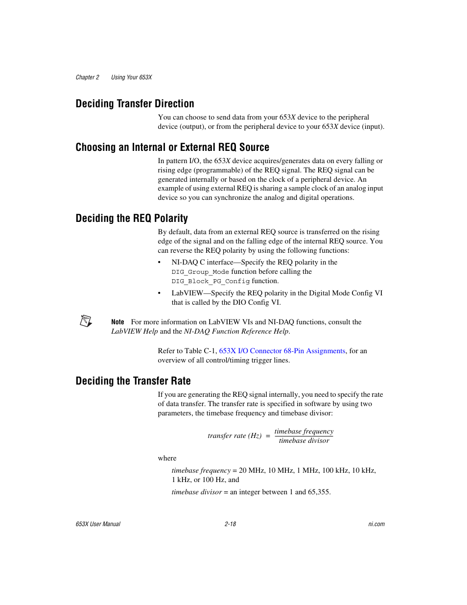 Deciding transfer direction, Choosing an internal or external req source, Deciding the req polarity | Deciding the transfer rate | National Instruments 653X User Manual | Page 36 / 147