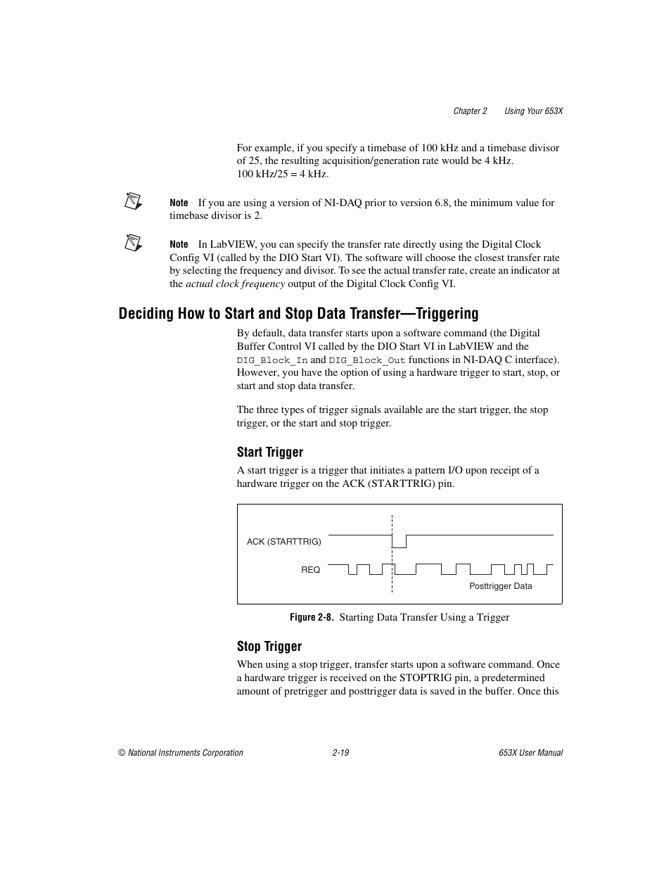 Figure 2-8. starting data transfer using a trigger, Start trigger, Stop trigger | National Instruments 653X User Manual | Page 37 / 147