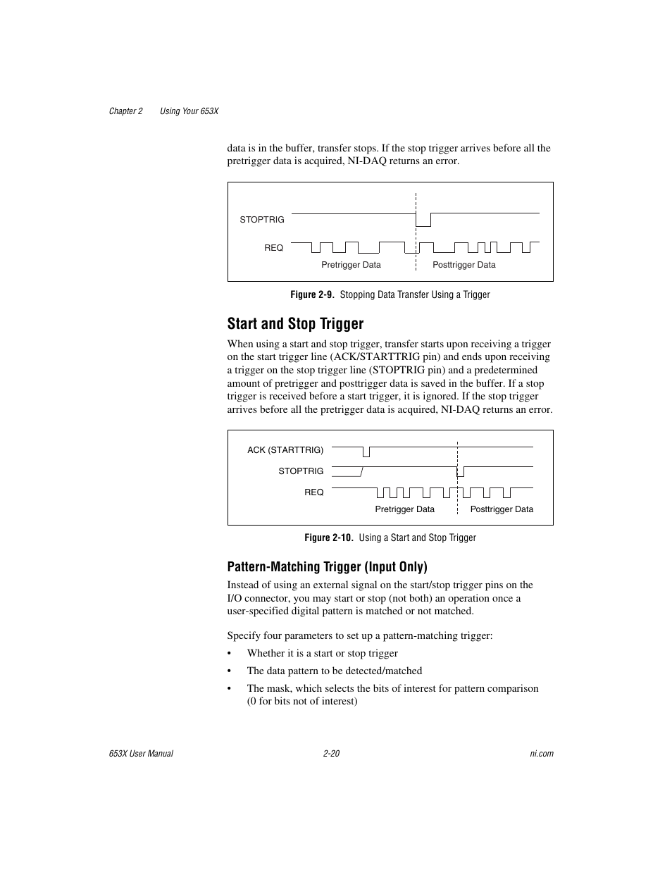 Figure 2-9. stopping data transfer using a trigger, Start and stop trigger, Figure 2-10. using a start and stop trigger | Start and stop trigger -20, Pattern-matching trigger (input only) | National Instruments 653X User Manual | Page 38 / 147