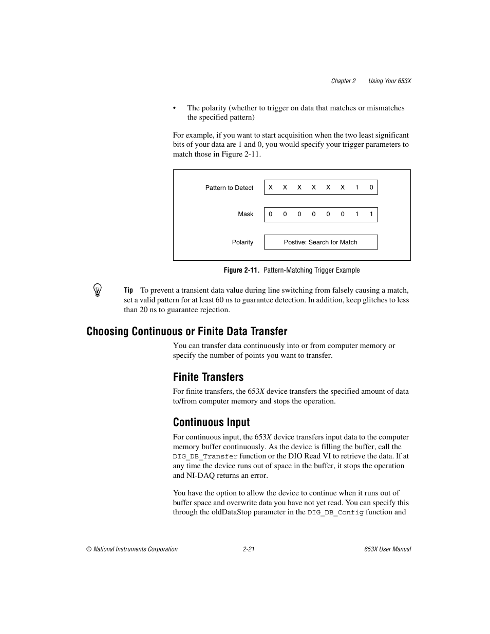 Figure 2-11. pattern-matching trigger example, Choosing continuous or finite data transfer, Finite transfers | Continuous input, Choosing continuous or finite data transfer -21, Finite transfers -21 continuous input -21 | National Instruments 653X User Manual | Page 39 / 147