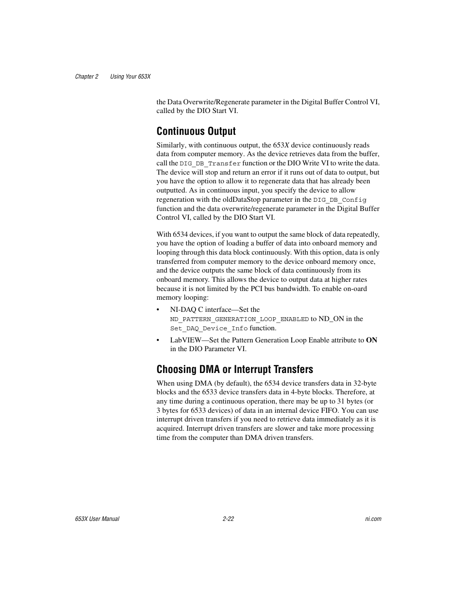 Continuous output, Choosing dma or interrupt transfers | National Instruments 653X User Manual | Page 40 / 147