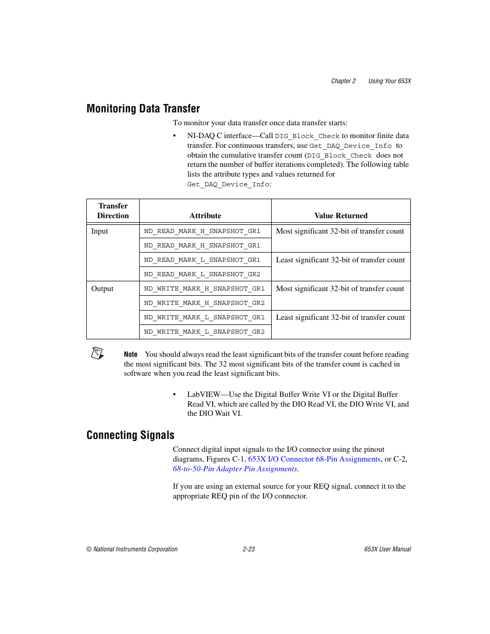 Monitoring data transfer, Connecting signals | National Instruments 653X User Manual | Page 41 / 147