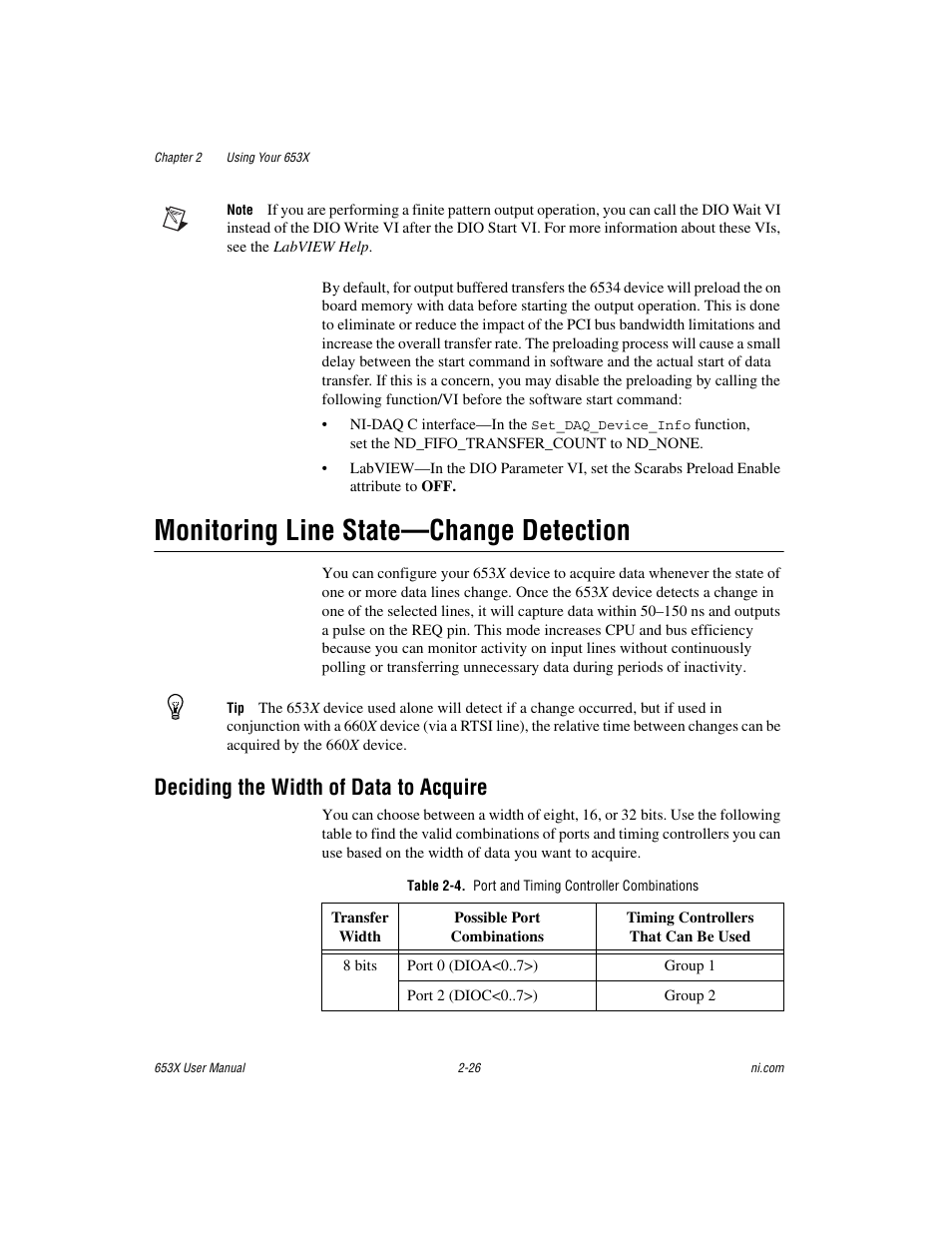 Monitoring line state—change detection, Deciding the width of data to acquire, Table 2-4. port and timing controller combinations | Monitoring line state—change detection -26, Deciding the width of data to acquire -26 | National Instruments 653X User Manual | Page 44 / 147