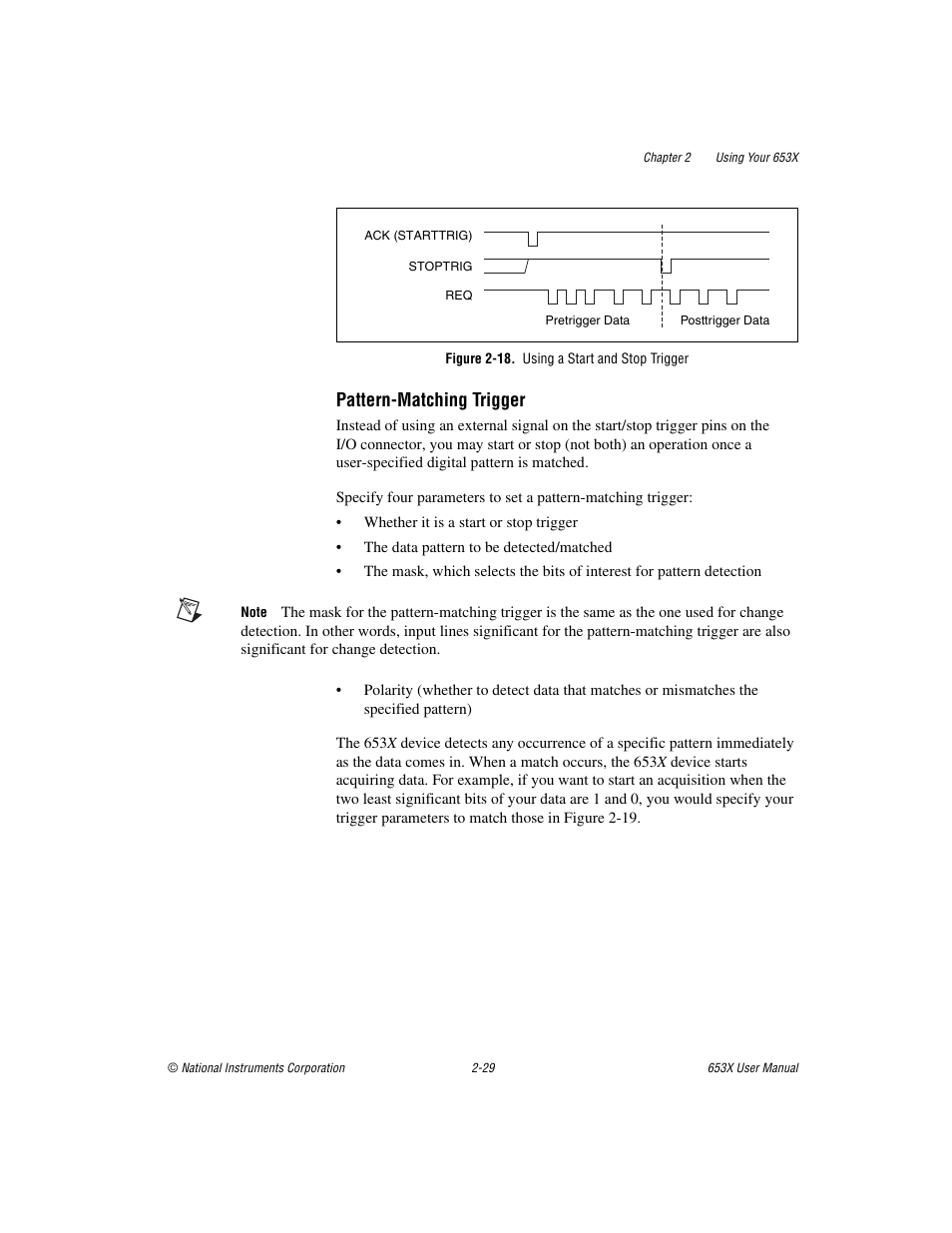 Figure 2-18. using a start and stop trigger, Pattern-matching trigger | National Instruments 653X User Manual | Page 47 / 147