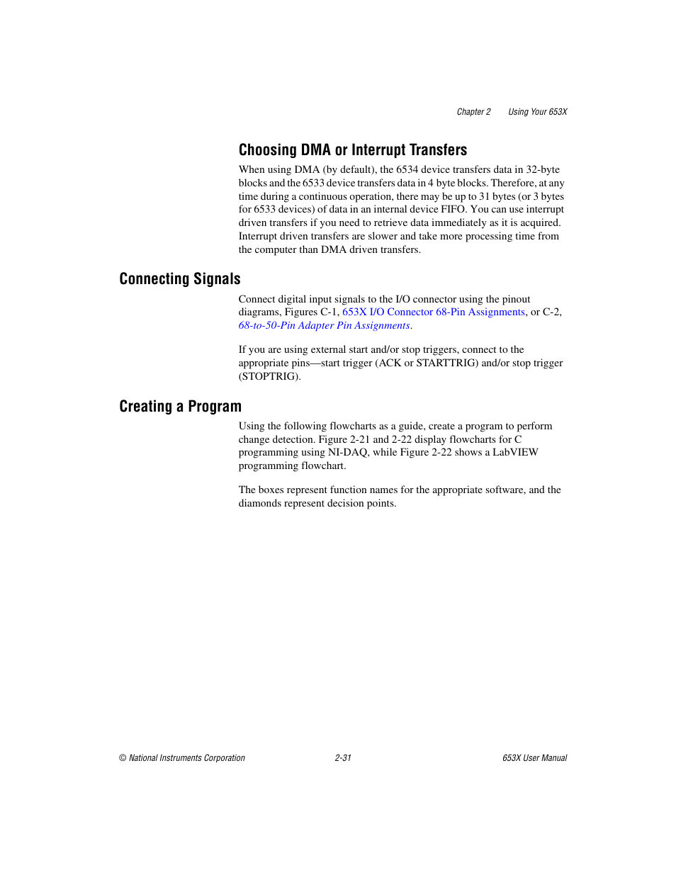 Choosing dma or interrupt transfers, Connecting signals, Creating a program | Choosing dma or interrupt transfers -31, Connecting signals -31 creating a program -31 | National Instruments 653X User Manual | Page 49 / 147