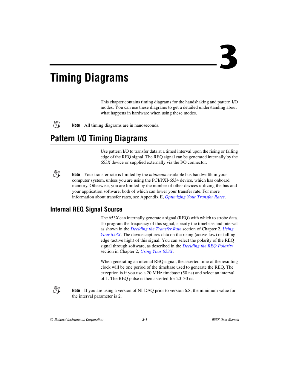 Chapter 3 timing diagrams, Pattern i/o timing diagrams, Internal req signal source | Pattern i/o timing diagrams -1, Internal req signal source -1, Timing diagrams | National Instruments 653X User Manual | Page 52 / 147