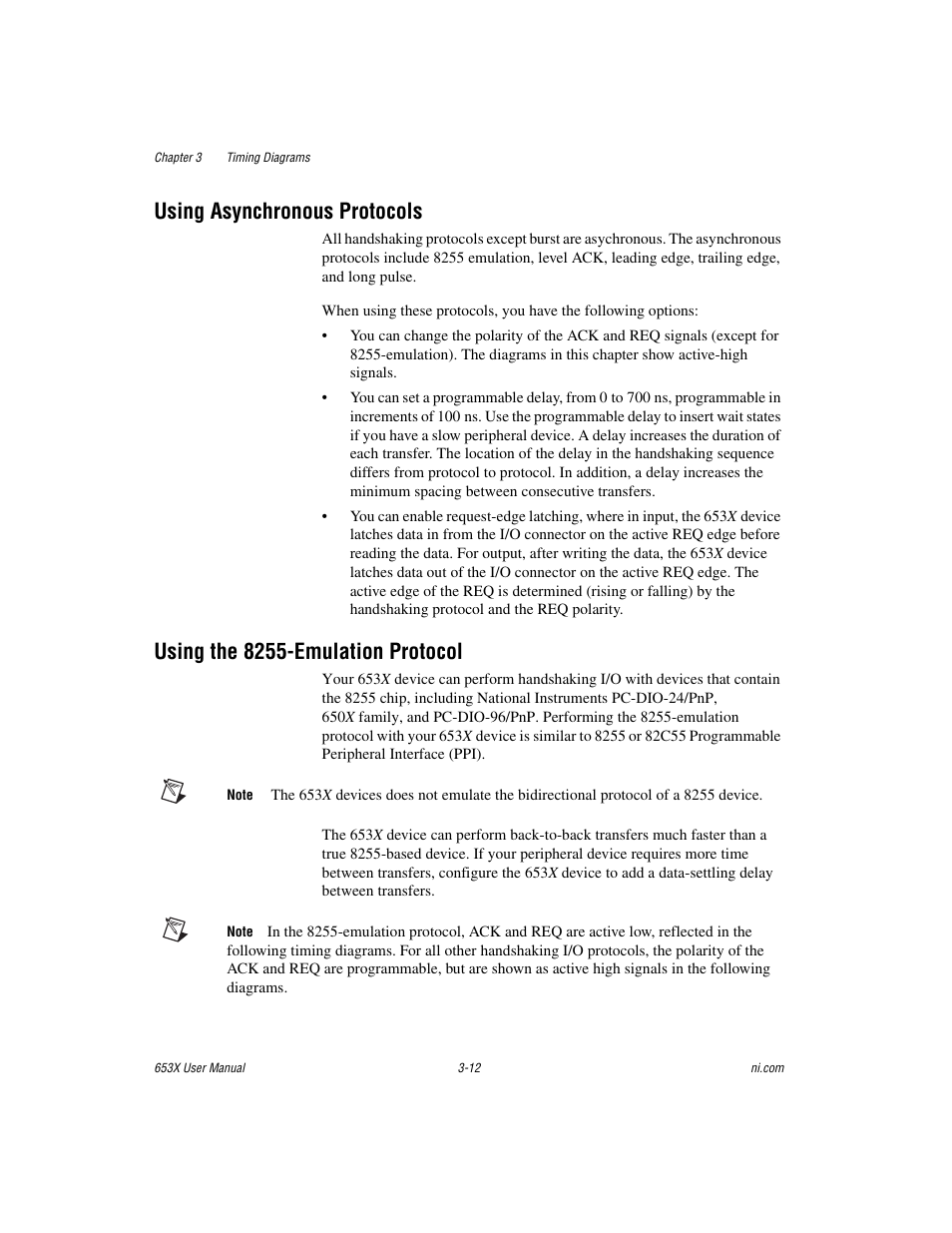 Using asynchronous protocols, Using the 8255-emulation protocol | National Instruments 653X User Manual | Page 63 / 147