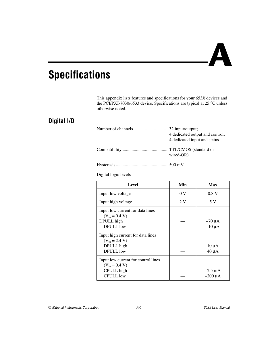 Appendix a specifications, Specifications, Digital i/o | National Instruments 653X User Manual | Page 92 / 147