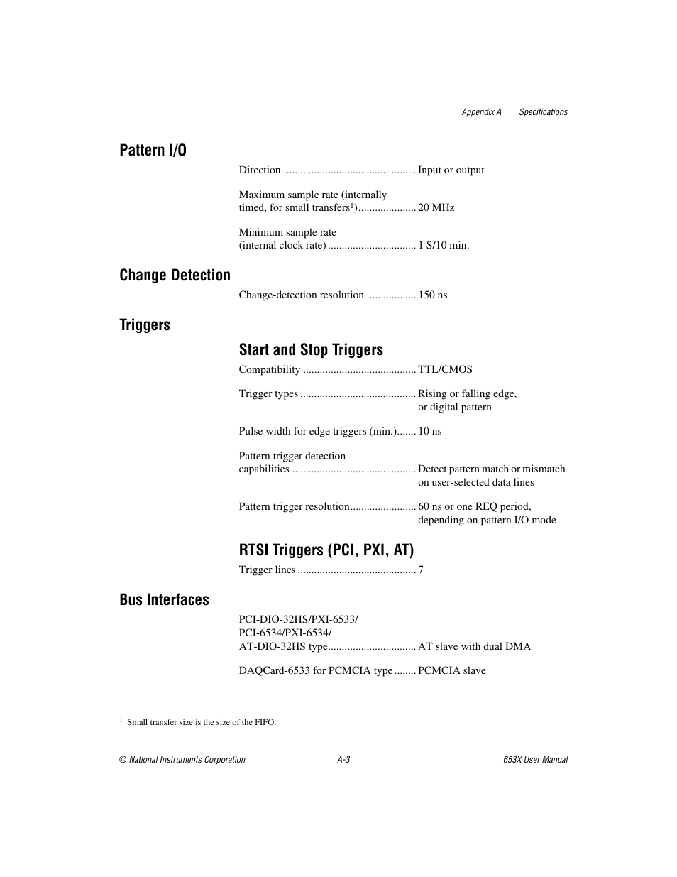 Pattern i/o, Change detection, Triggers start and stop triggers | Rtsi triggers (pci, pxi, at), Bus interfaces | National Instruments 653X User Manual | Page 94 / 147