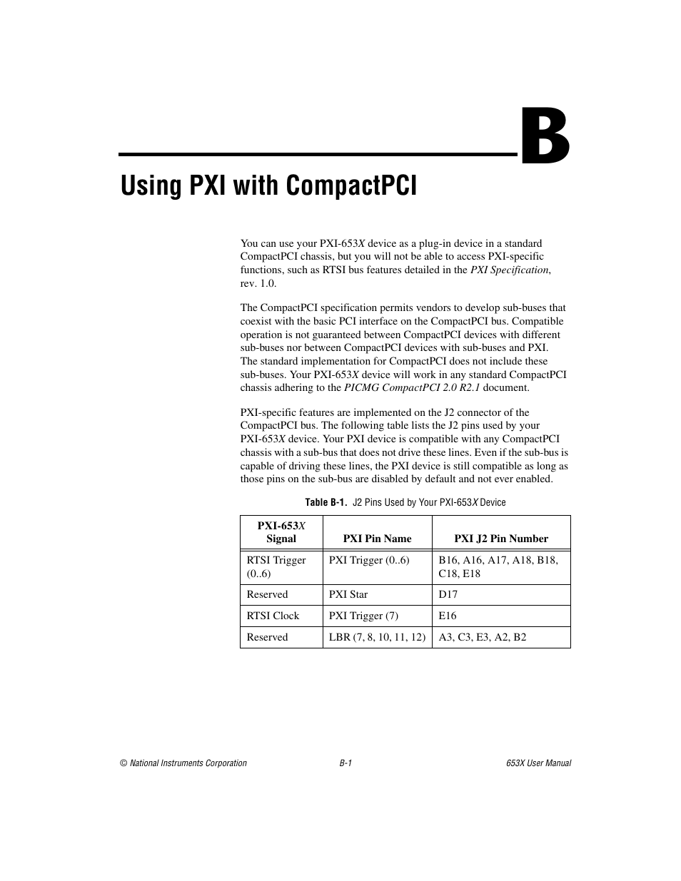 Appendix b using pxi with compactpci, Table b-1. j2 pins used by your pxi-653x device, Using pxi with compactpci | National Instruments 653X User Manual | Page 97 / 147