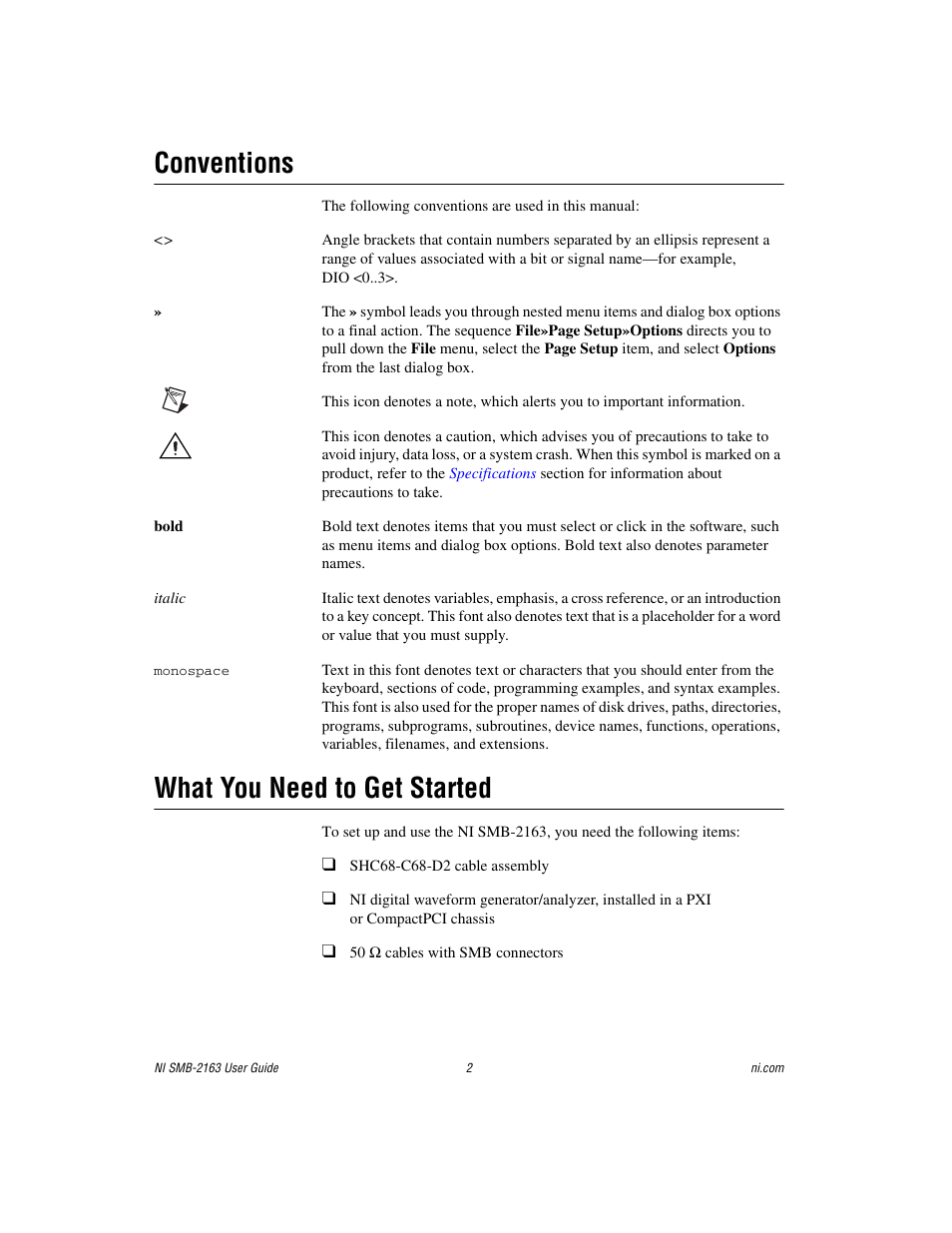 Conventions, What you need to get started, Conventions what you need to get started | National Instruments Single-Ended Digital Waveform Generator/Analyzer Modules NI SMB-2163 User Manual | Page 2 / 24
