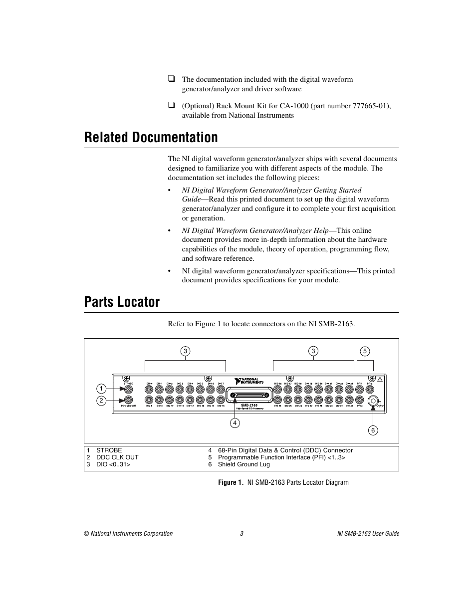 Related documentation, Parts locator, Figure 1. ni smb-2163 parts locator diagram | Related documentation parts locator | National Instruments Single-Ended Digital Waveform Generator/Analyzer Modules NI SMB-2163 User Manual | Page 3 / 24