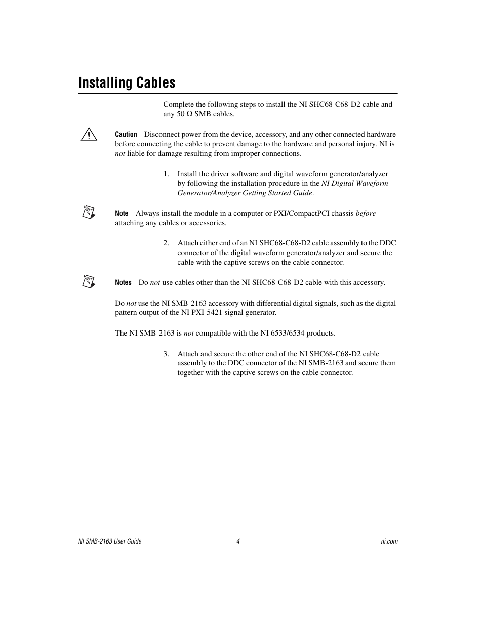 Installing cables | National Instruments Single-Ended Digital Waveform Generator/Analyzer Modules NI SMB-2163 User Manual | Page 4 / 24