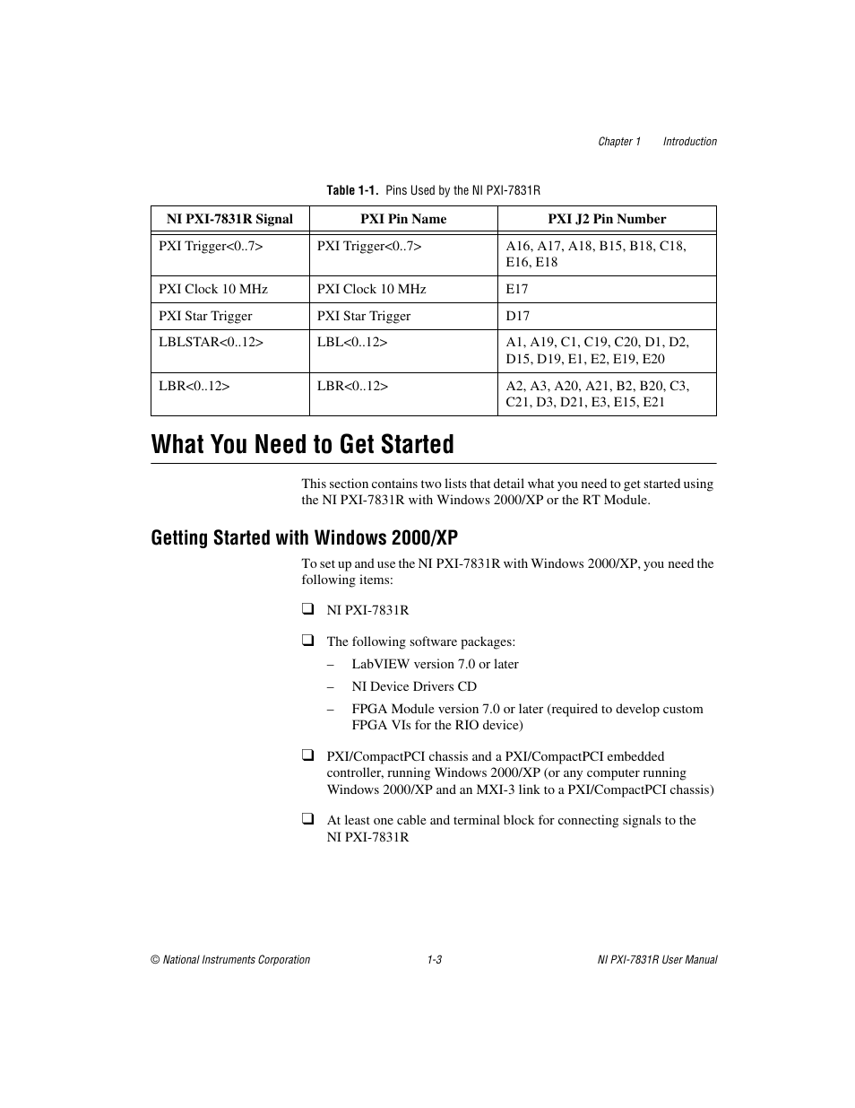 Table 1-1. pins used by the ni pxi-7831r, What you need to get started, Getting started with windows 2000/xp | What you need to get started -3, Getting started with windows 2000/xp -3 | National Instruments NI PXI-7831R User Manual | Page 11 / 73