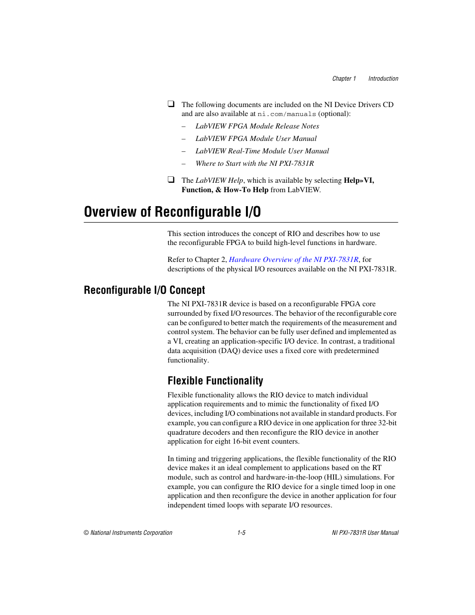 Overview of reconfigurable i/o, Reconfigurable i/o concept, Flexible functionality | Overview of reconfigurable i/o -5, Reconfigurable i/o concept -5, Flexible functionality -5 | National Instruments NI PXI-7831R User Manual | Page 13 / 73