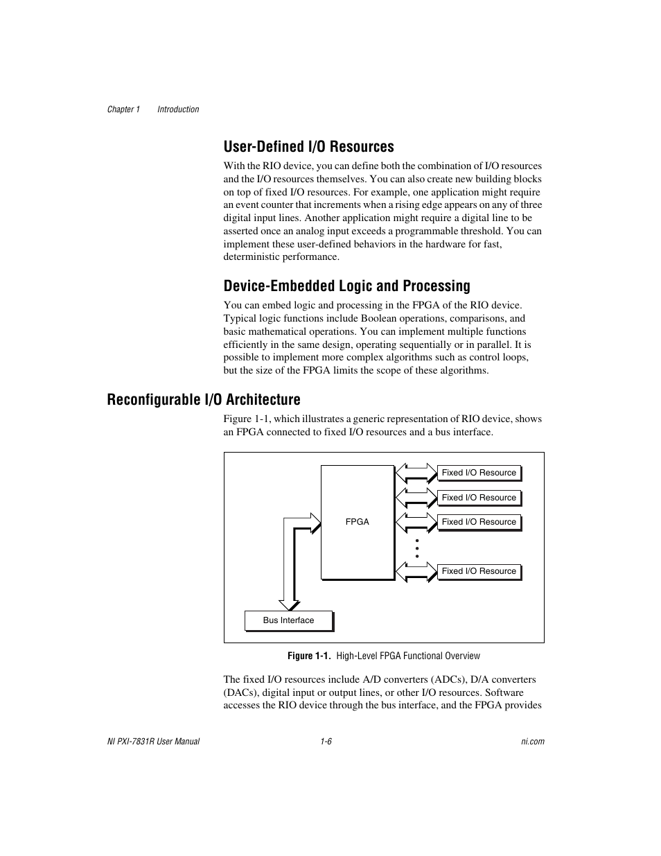User-defined i/o resources, Device-embedded logic and processing, Reconfigurable i/o architecture | Figure 1-1. high-level fpga functional overview, Reconfigurable i/o architecture -6 | National Instruments NI PXI-7831R User Manual | Page 14 / 73