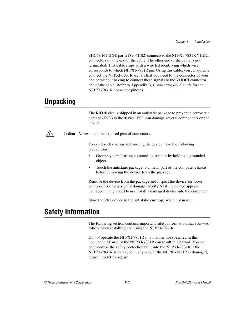 Unpacking, Safety information, Unpacking -11 safety information -11 | National Instruments NI PXI-7831R User Manual | Page 19 / 73