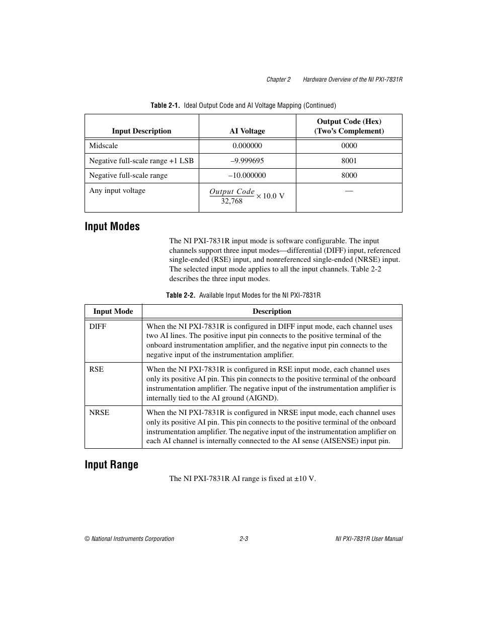 Input modes, Input range, Input modes -3 input range -3 | National Instruments NI PXI-7831R User Manual | Page 24 / 73