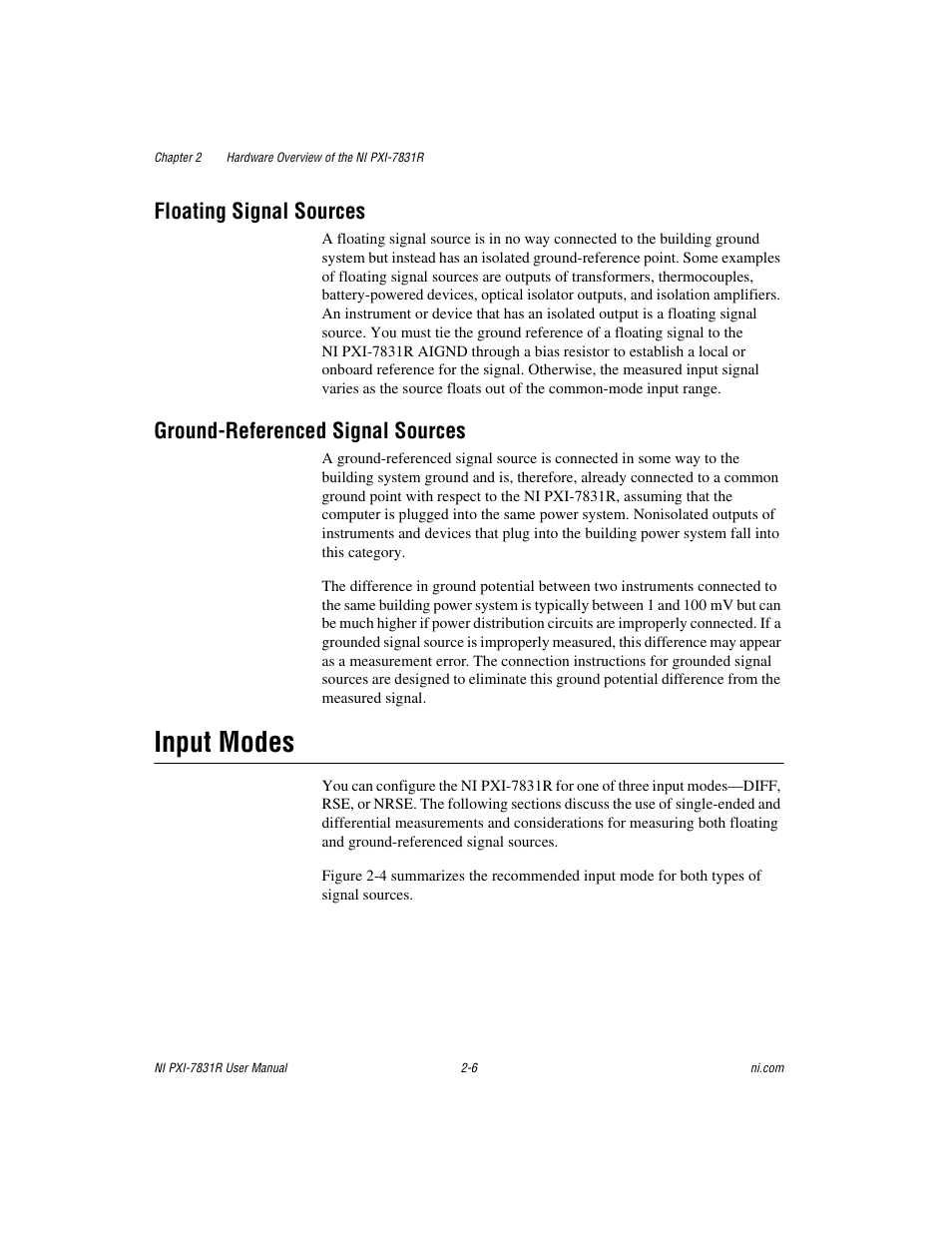 Floating signal sources, Ground-referenced signal sources, Input modes | Input modes -6 | National Instruments NI PXI-7831R User Manual | Page 27 / 73
