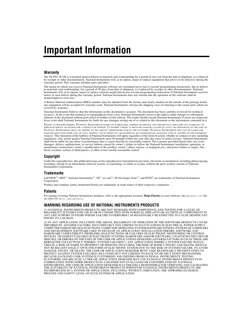 Important information, Warranty, Copyright | Trademarks, Patents | National Instruments NI PXI-7831R User Manual | Page 3 / 73