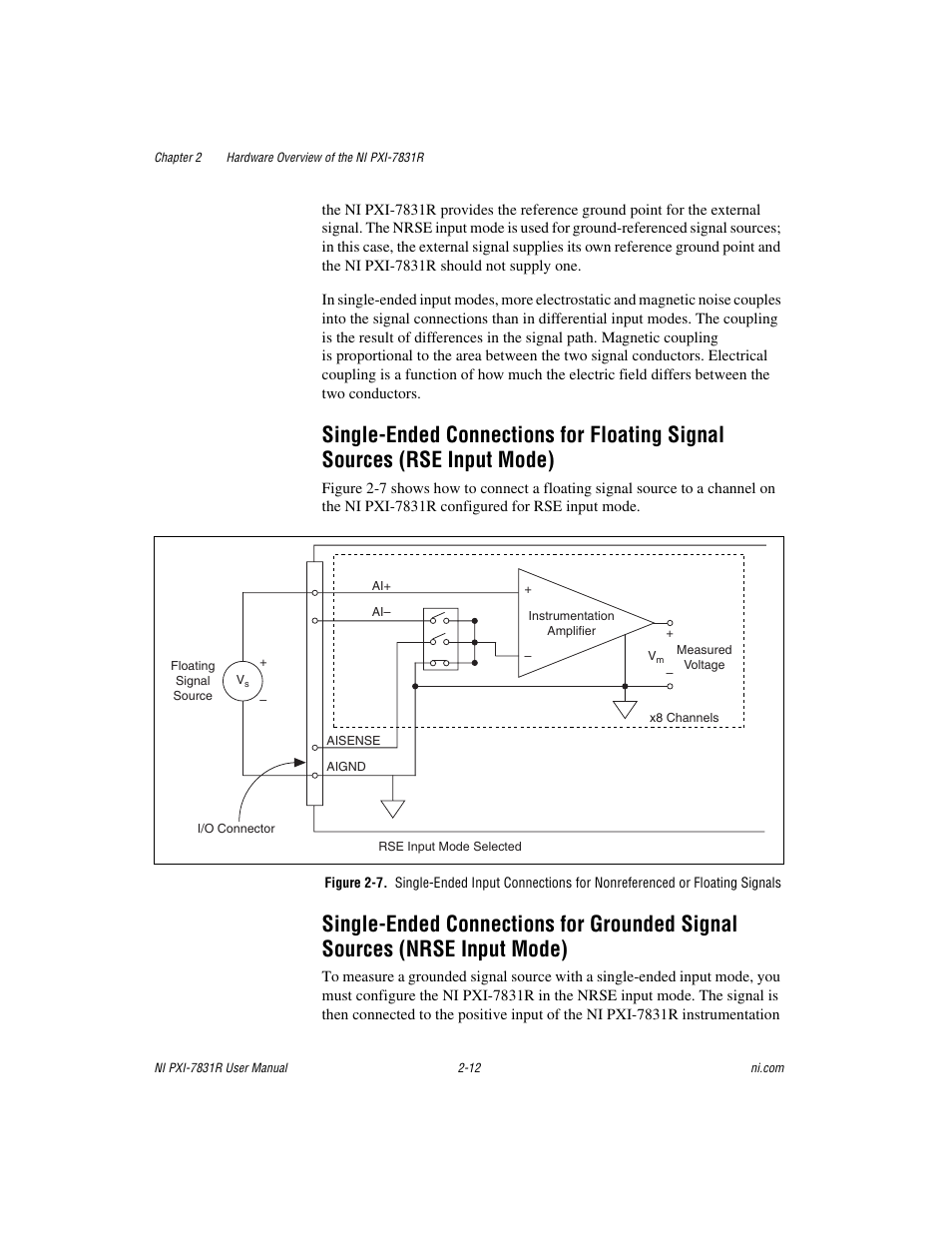 Single-ended connections for floating, Signal sources (rse input mode) -12, Single-ended connections for grounded | Signal sources (nrse input mode) -12 | National Instruments NI PXI-7831R User Manual | Page 33 / 73