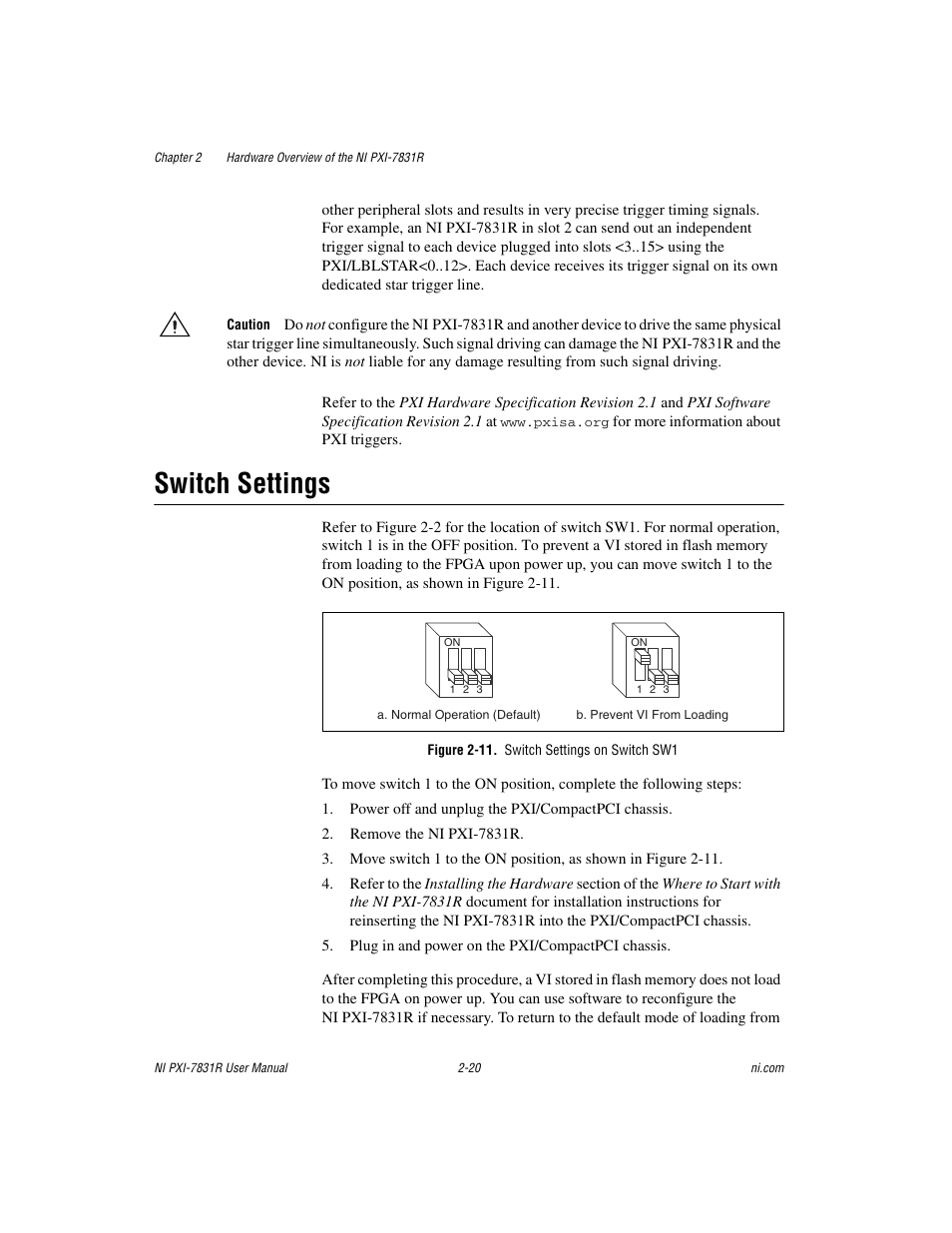 Switch settings, Figure 2-11. switch settings on switch sw1, Switch settings -20 | National Instruments NI PXI-7831R User Manual | Page 41 / 73