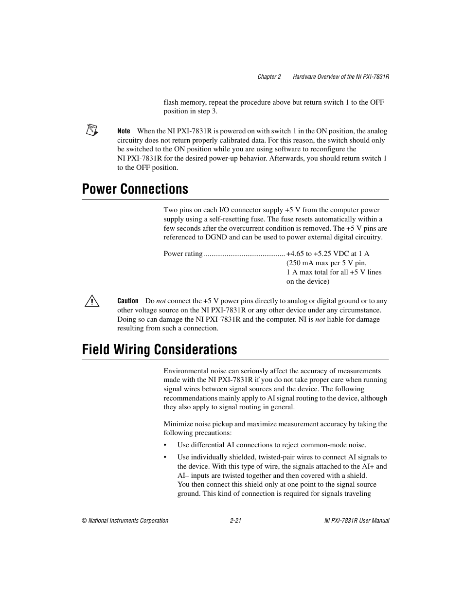 Power connections, Field wiring considerations | National Instruments NI PXI-7831R User Manual | Page 42 / 73