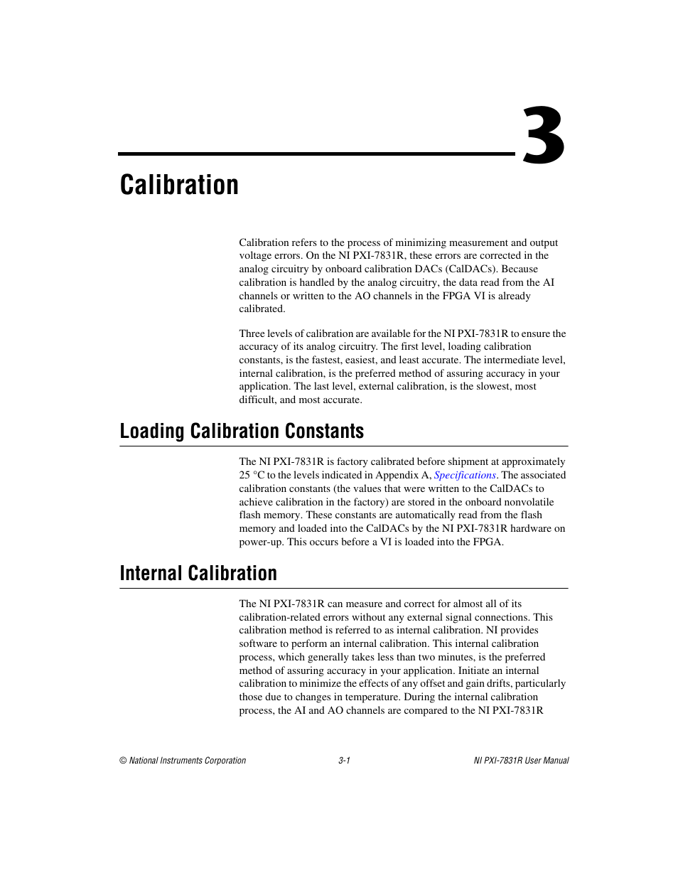Chapter 3 calibration, Loading calibration constants, Internal calibration | Calibration | National Instruments NI PXI-7831R User Manual | Page 44 / 73