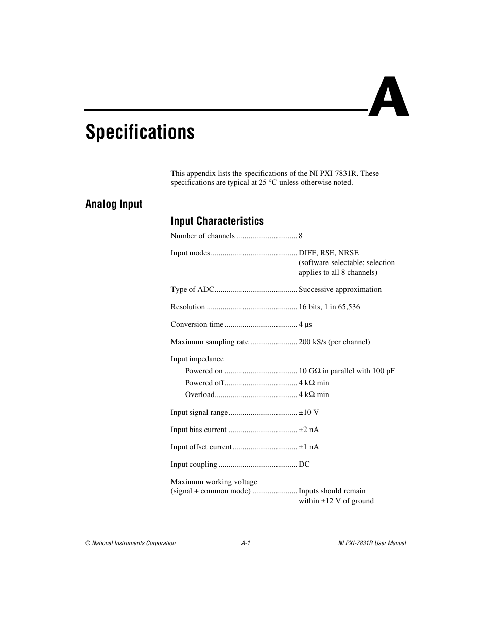 Appendix a specifications, Specifications, Ix a | Ecifications | National Instruments NI PXI-7831R User Manual | Page 46 / 73