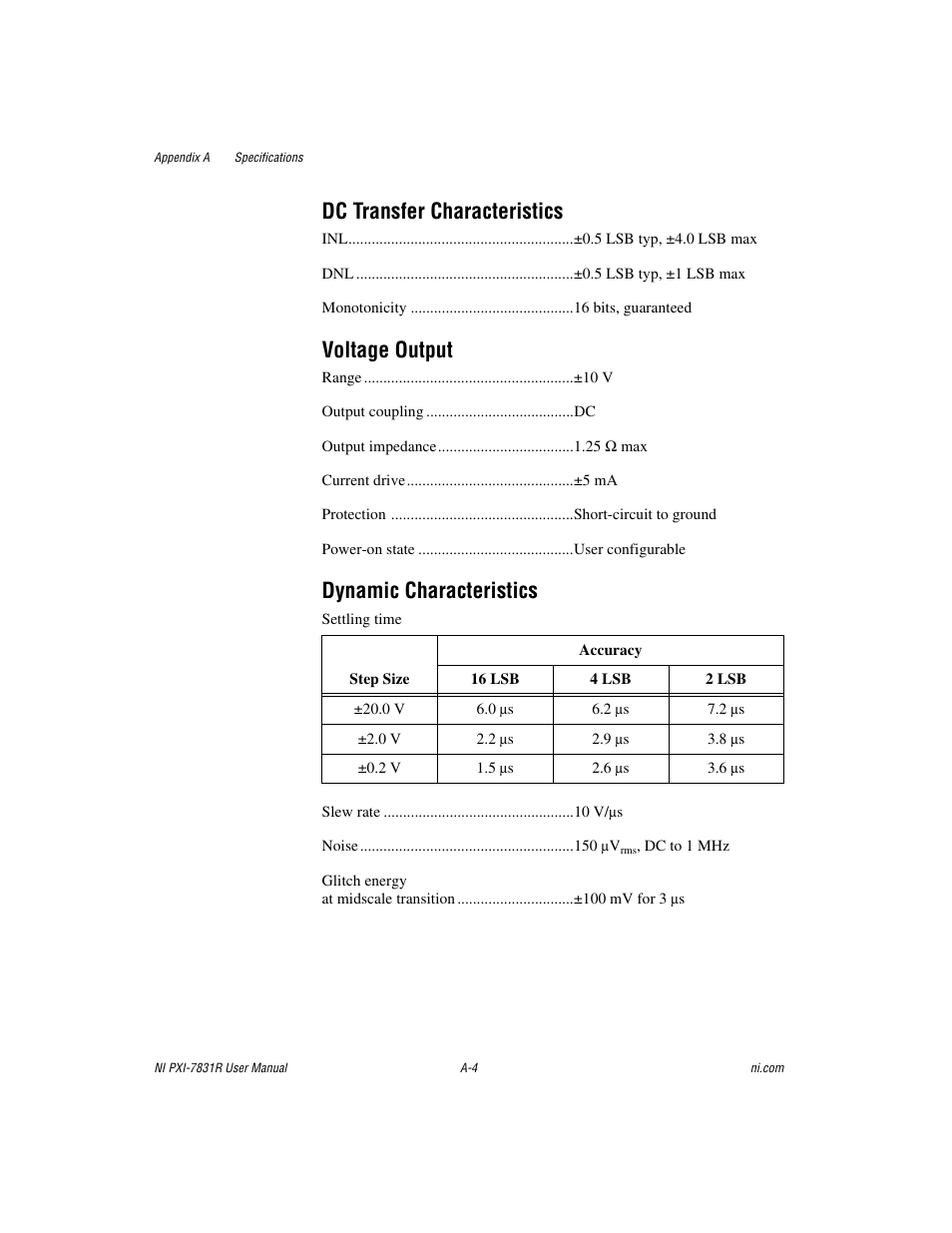 Dc transfer characteristics, Voltage output, Dynamic characteristics | National Instruments NI PXI-7831R User Manual | Page 49 / 73