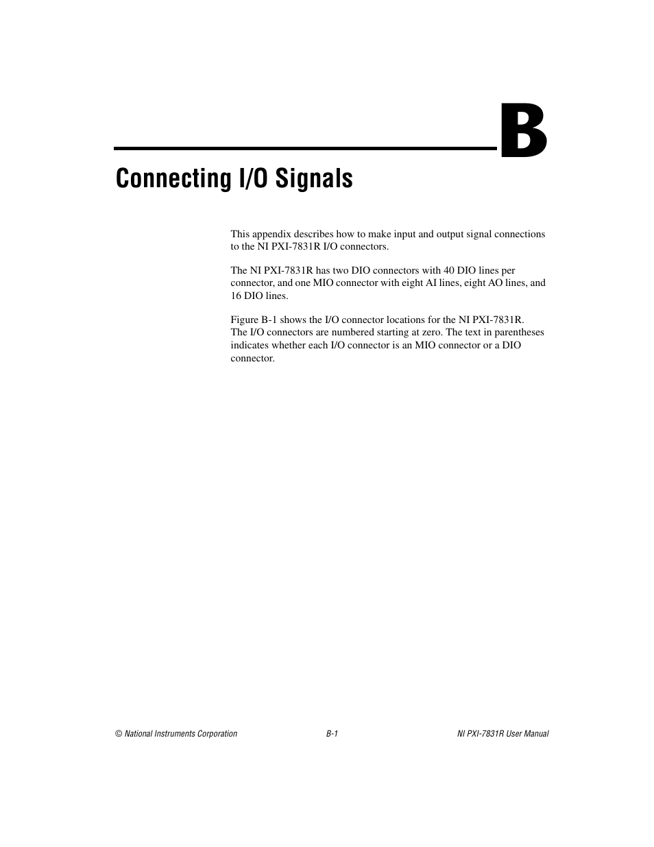 Appendix b connecting i/o signals, Connecting i/o signals | National Instruments NI PXI-7831R User Manual | Page 54 / 73
