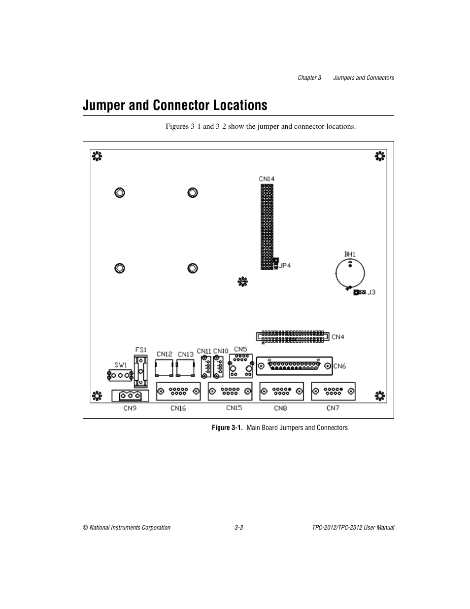 Jumper and connector locations, Figure 3-1. main board jumpers and connectors, Jumper and connector locations -3 | National Instruments Touch Panel Computer TPC-2012 User Manual | Page 16 / 49