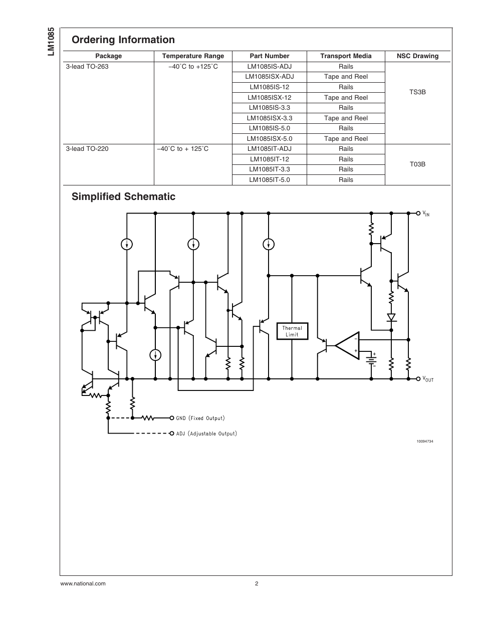 Ordering information, Simplified schematic | National Instruments LM1085 Series User Manual | Page 2 / 13
