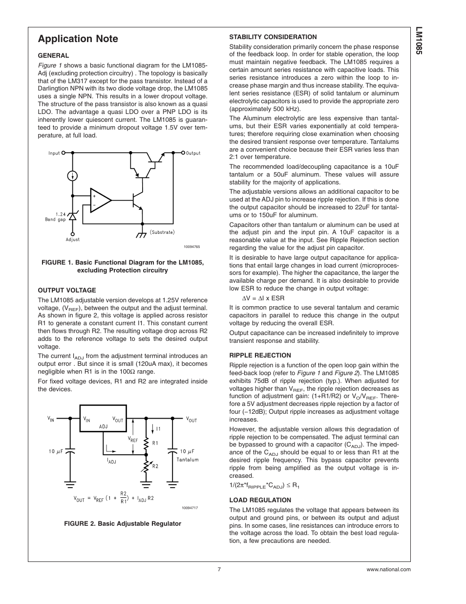 Application note, General, Output voltage | Figure 2. basic adjustable regulator, Stability consideration, Ripple rejection, Load regulation, Lm1085 | National Instruments LM1085 Series User Manual | Page 7 / 13