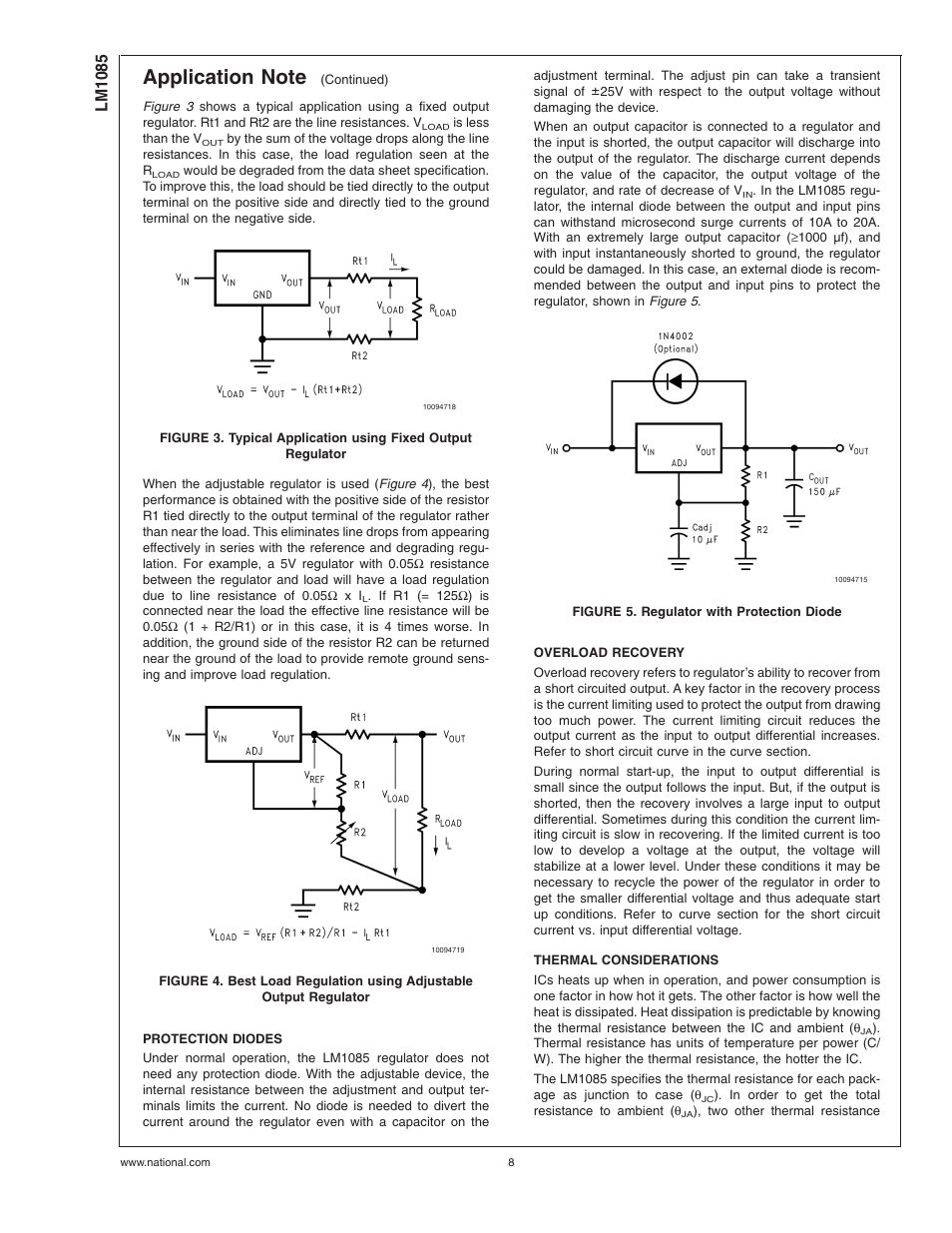 Protection diodes, Figure 5. regulator with protection diode, Overload recovery | Thermal considerations, Lm1085 | National Instruments LM1085 Series User Manual | Page 8 / 13