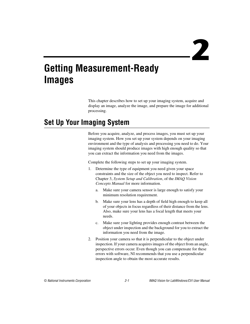 Chapter 2 getting measurement-ready images, Set up your imaging system, Set up your imaging system -1 | Getting measurement-ready images | National Instruments IMAQ Vision for LabWindows TM /CVI User Manual | Page 17 / 119