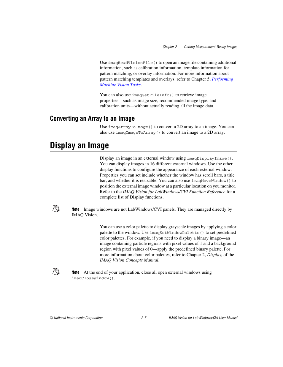 Converting an array to an image, Display an image, Converting an array to an image -7 | Display an image -7 | National Instruments IMAQ Vision for LabWindows TM /CVI User Manual | Page 23 / 119