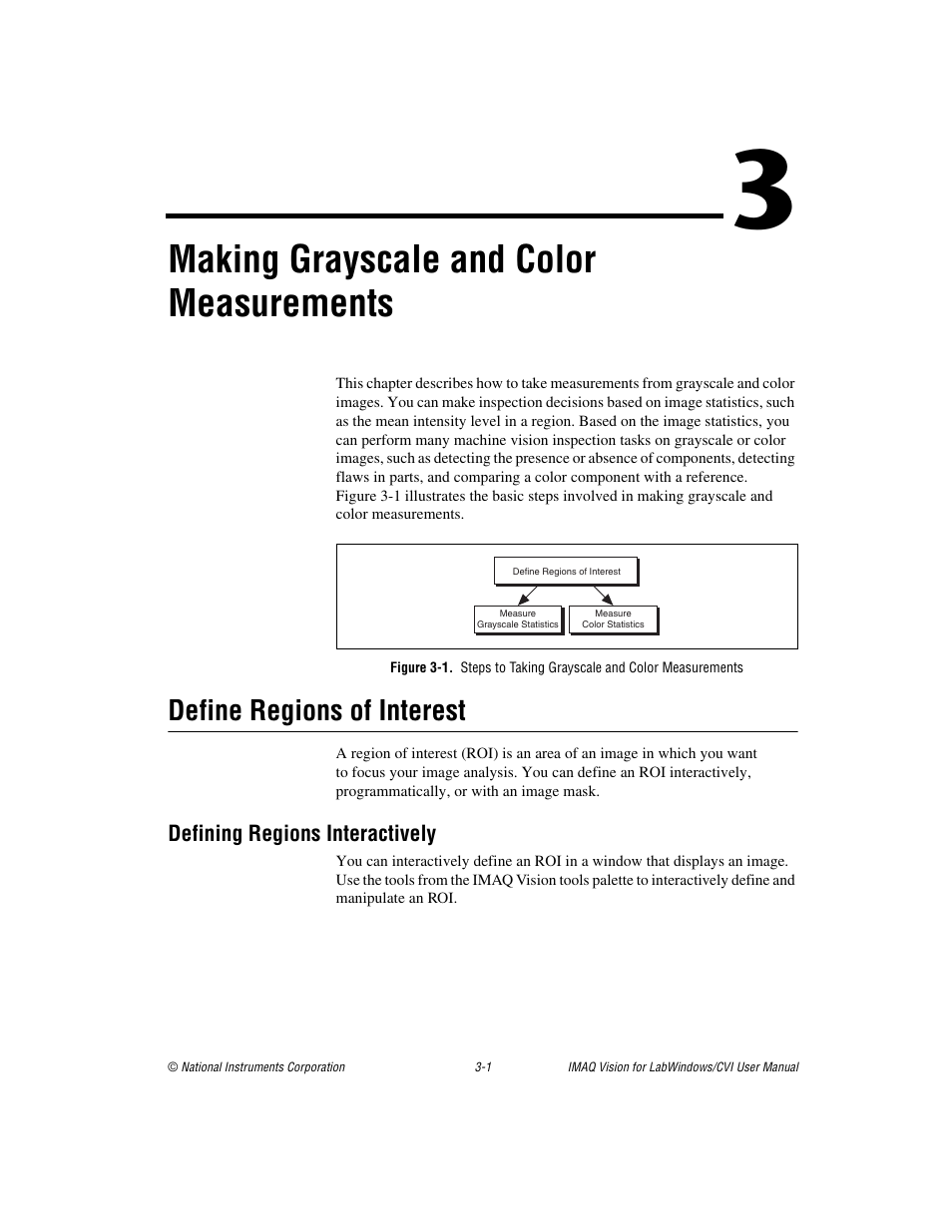 Chapter 3 making grayscale and color measurements, Define regions of interest, Defining regions interactively | Define regions of interest -1, Defining regions interactively -1, Making grayscale and color measurements | National Instruments IMAQ Vision for LabWindows TM /CVI User Manual | Page 30 / 119