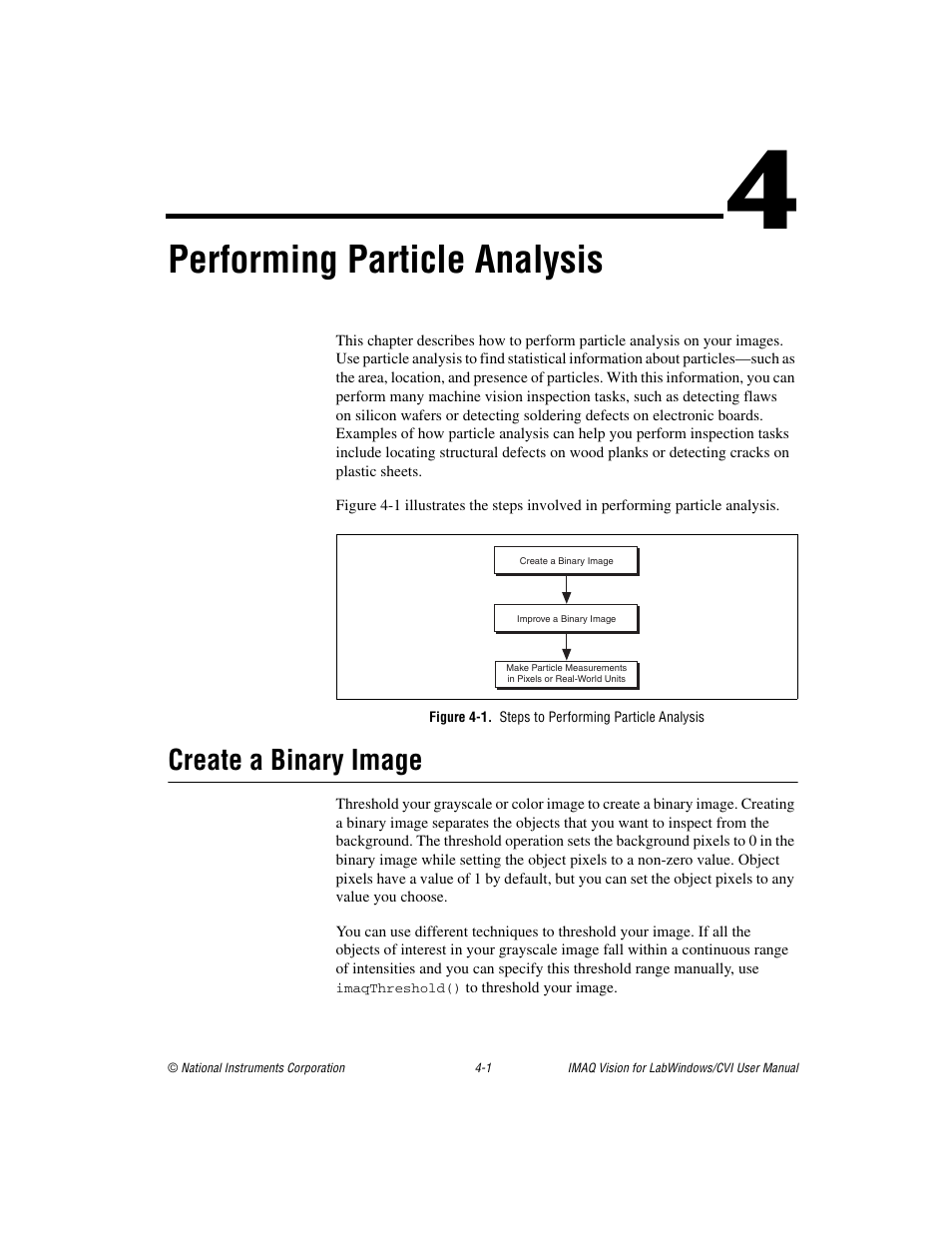 Chapter 4 performing particle analysis, Figure 4-1. steps to performing particle analysis, Create a binary image | Create a binary image -1, Performing particle analysis | National Instruments IMAQ Vision for LabWindows TM /CVI User Manual | Page 43 / 119