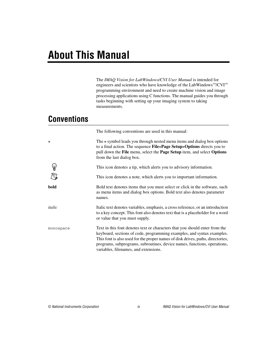 About this manual, Conventions | National Instruments IMAQ Vision for LabWindows TM /CVI User Manual | Page 8 / 119