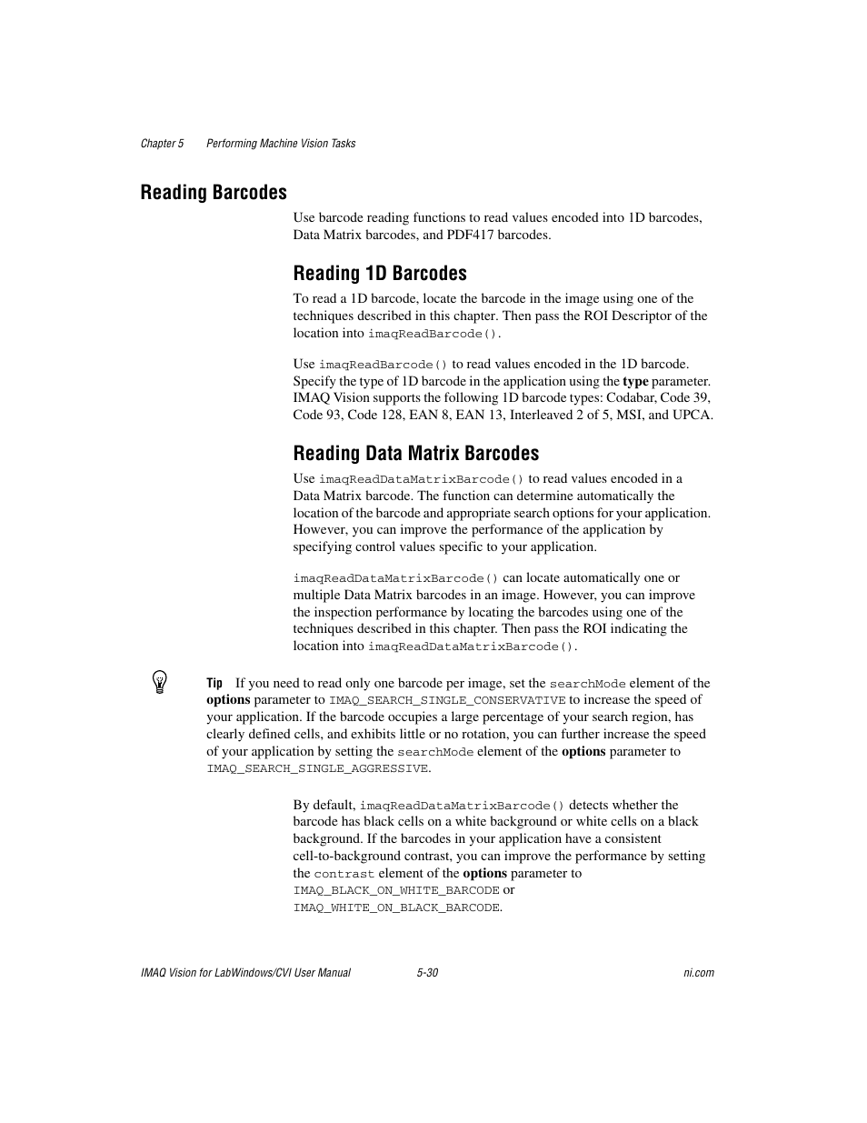 Reading barcodes, Reading 1d barcodes, Reading data matrix barcodes | Reading barcodes -30 | National Instruments IMAQ Vision for LabWindows TM /CVI User Manual | Page 82 / 119