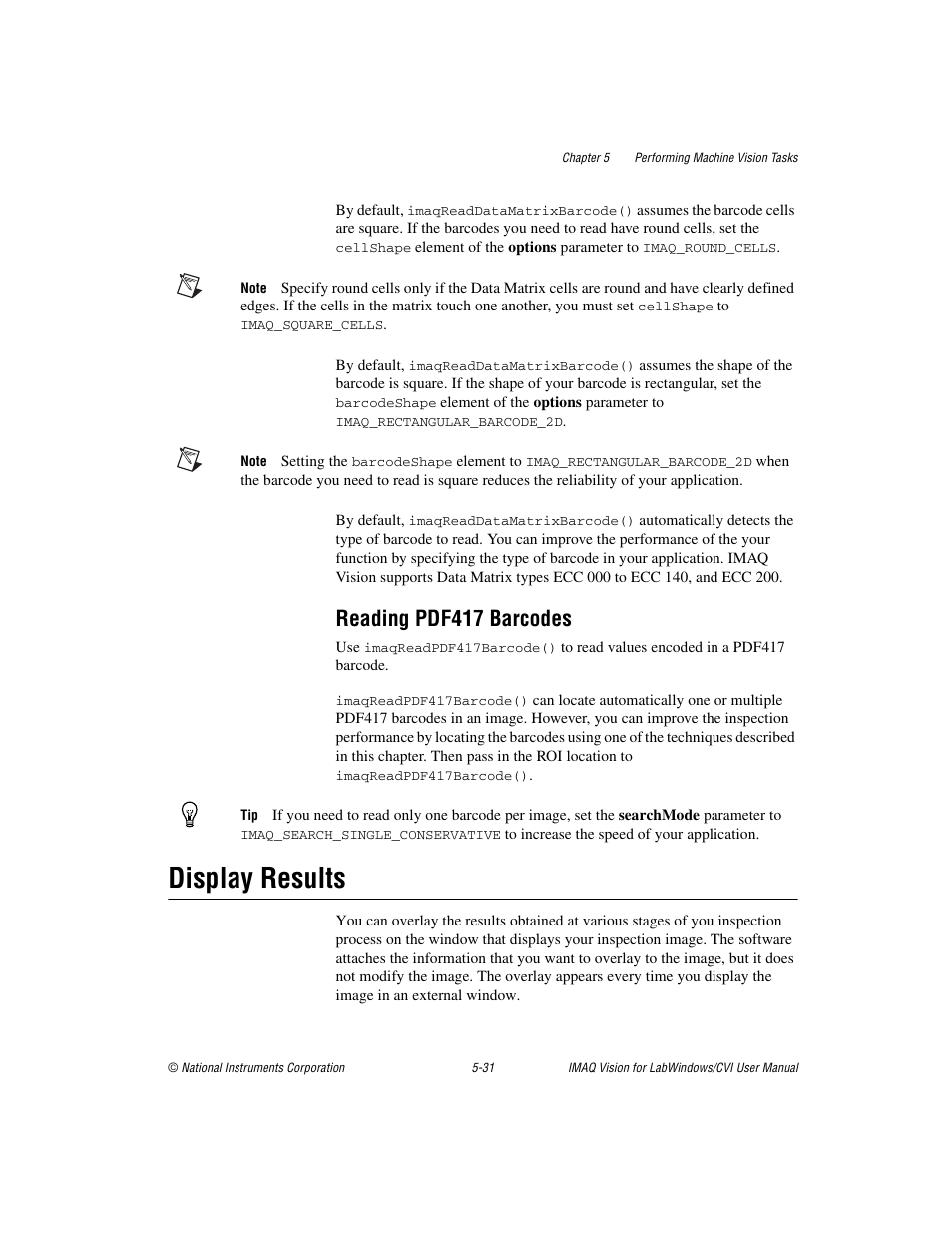 Reading pdf417 barcodes, Display results, Reading pdf417 barcodes -31 | Display results -31 | National Instruments IMAQ Vision for LabWindows TM /CVI User Manual | Page 83 / 119