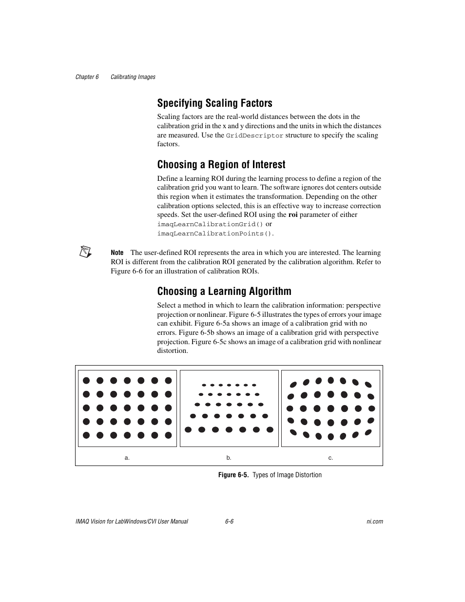 Specifying scaling factors, Choosing a region of interest, Choosing a learning algorithm | Figure 6-5. types of image distortion | National Instruments IMAQ Vision for LabWindows TM /CVI User Manual | Page 91 / 119
