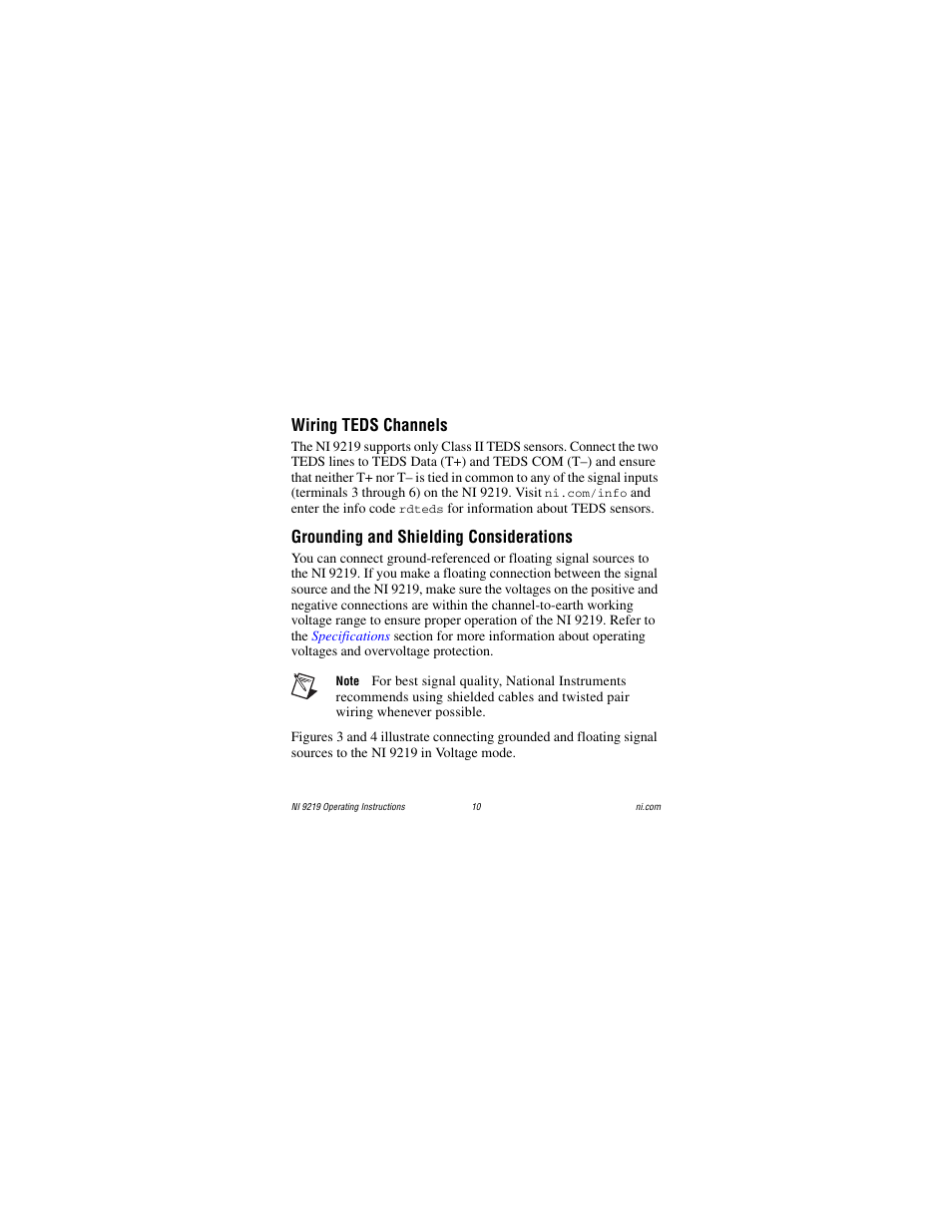 Wiring teds channels, Grounding and shielding considerations | National Instruments NI 9219 User Manual | Page 10 / 36