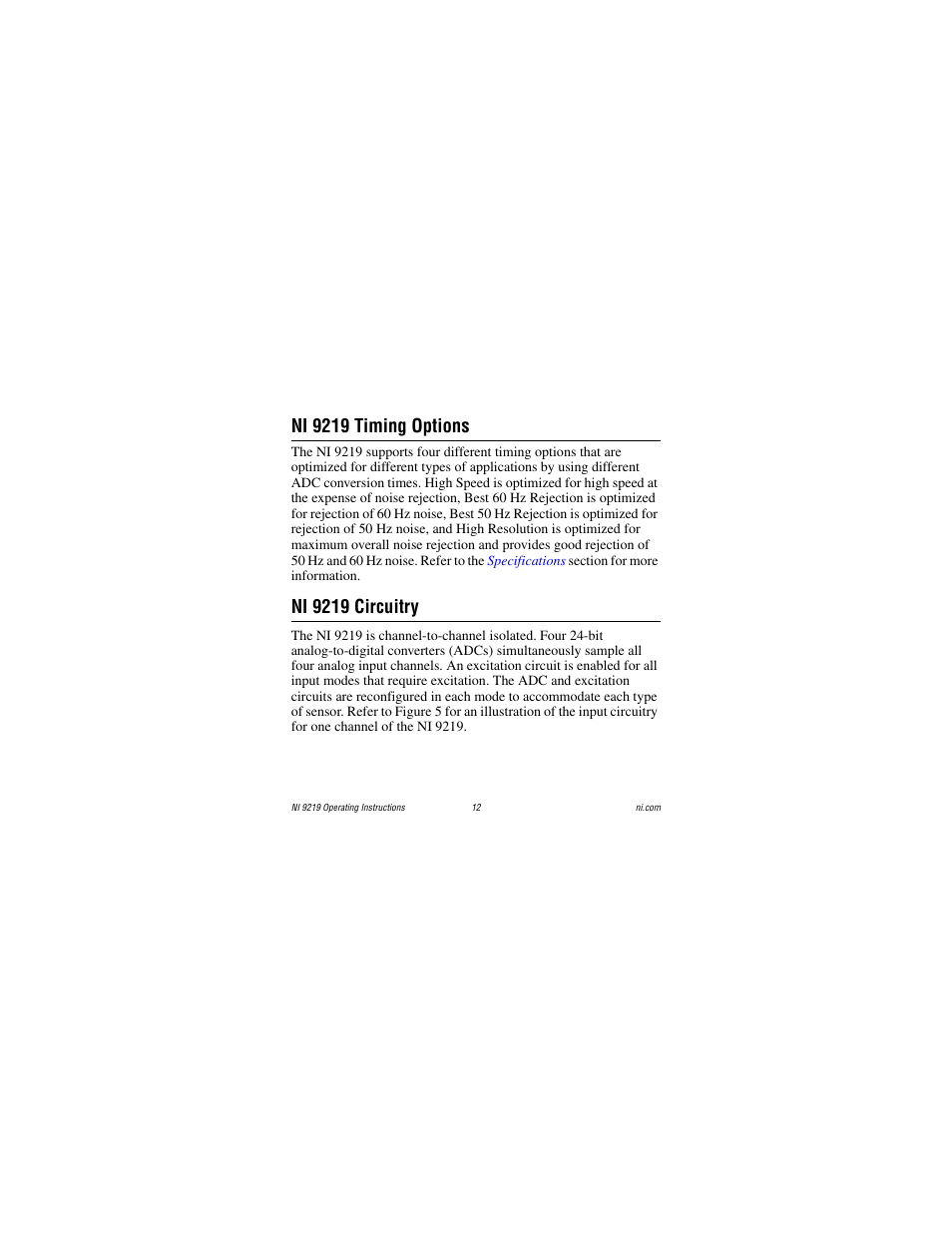Ni 9219 timing options, Ni 9219 circuitry | National Instruments NI 9219 User Manual | Page 12 / 36