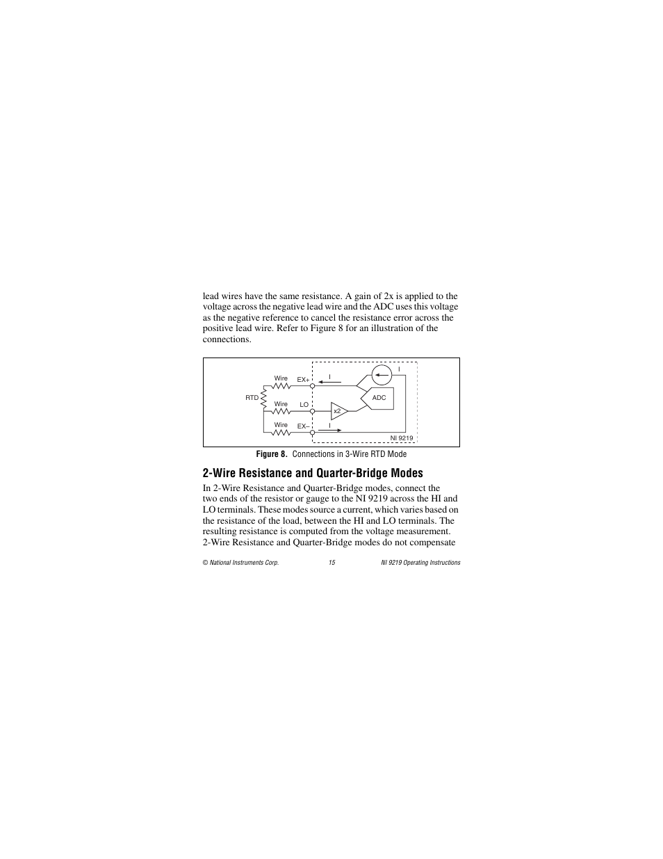Figure 8. connections in 3-wire rtd mode, Wire resistance and quarter-bridge modes | National Instruments NI 9219 User Manual | Page 15 / 36