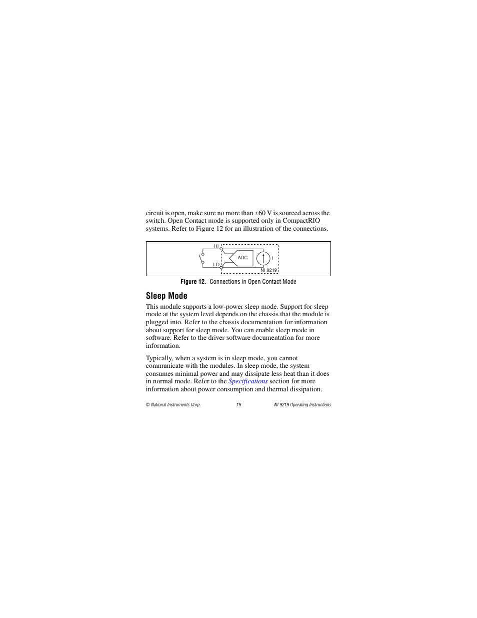 Figure 12. connections in open contact mode, Sleep mode | National Instruments NI 9219 User Manual | Page 19 / 36