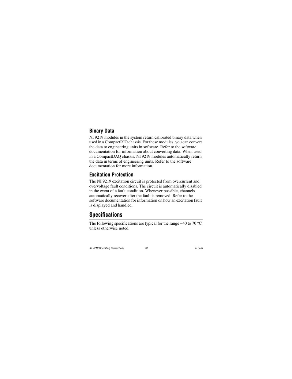 Binary data, Excitation protection, Specifications | Section for, Section, Refer to the, Section for more, R to the, Sectio | National Instruments NI 9219 User Manual | Page 20 / 36