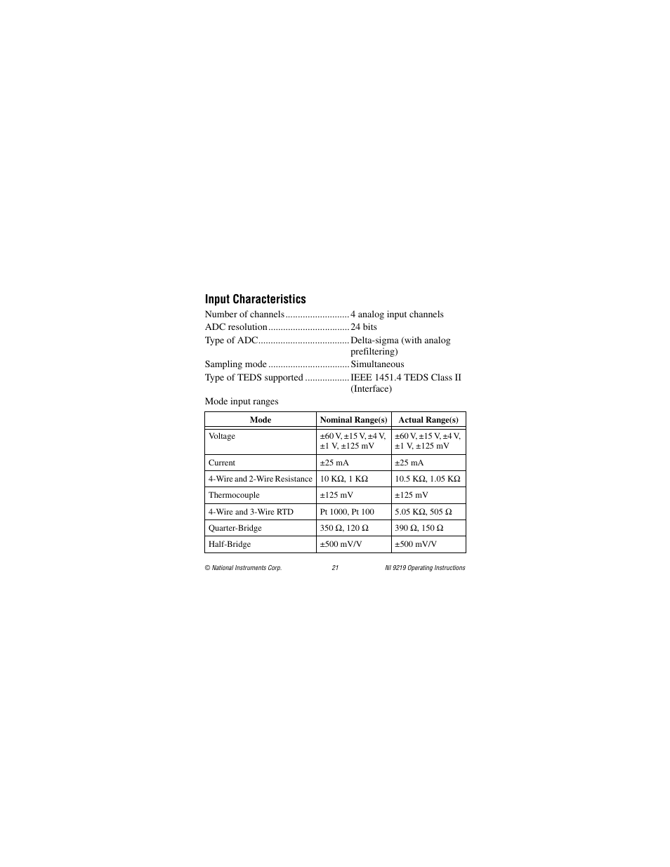 Input characteristics | National Instruments NI 9219 User Manual | Page 21 / 36