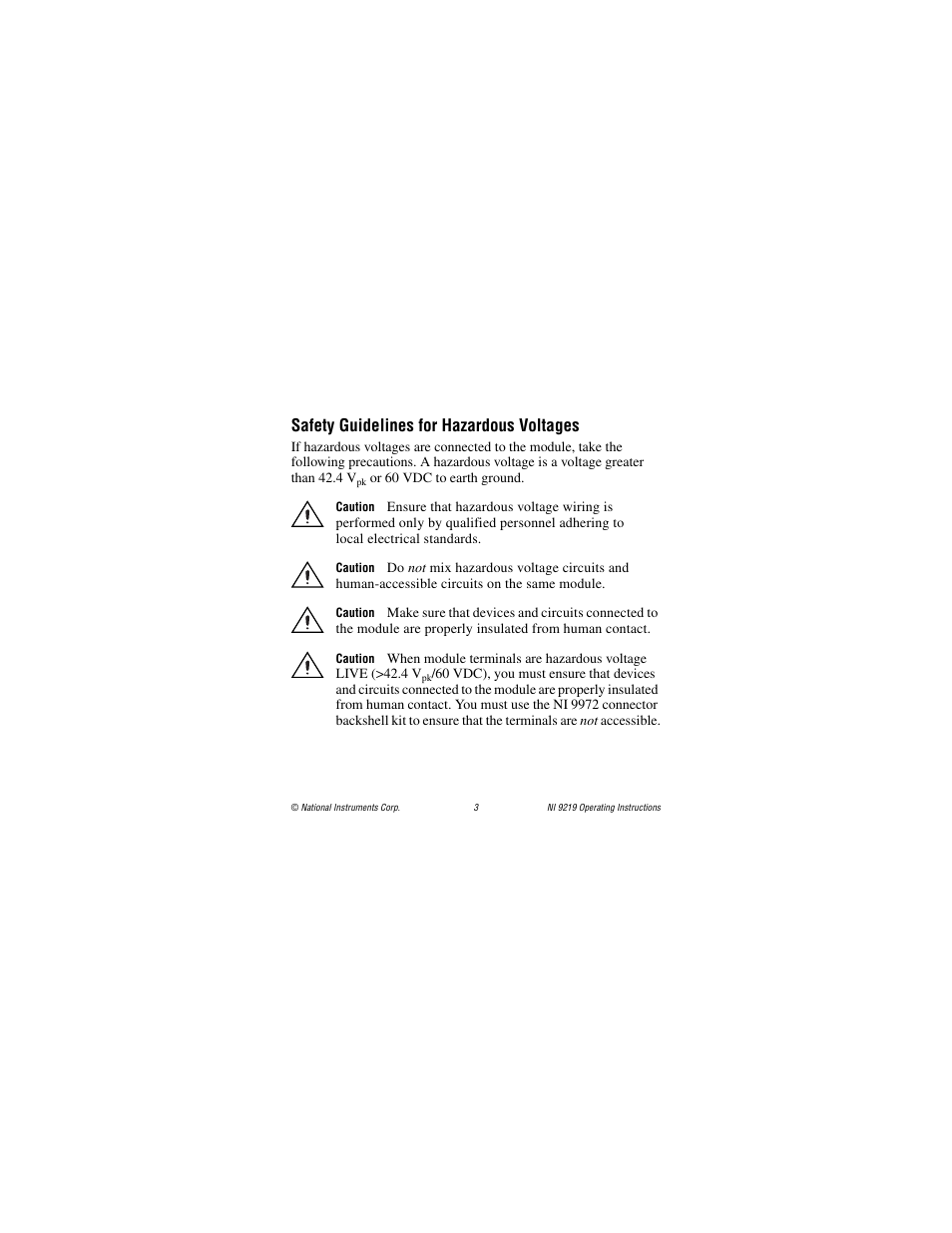 Safety guidelines for hazardous voltages | National Instruments NI 9219 User Manual | Page 3 / 36